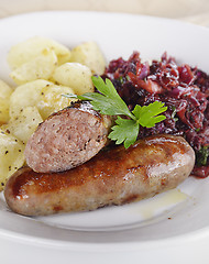 Image showing Bratwurst with Cabbage and Potatoes