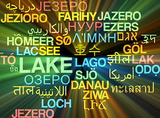 Image showing Lake multilanguage wordcloud background concept glowing