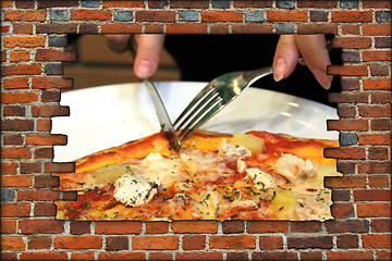 Image showing broken brick wall and fork knife and tasty pizza