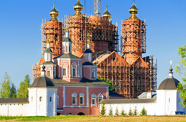 Image showing The restoration of the destroyed temple in the monastery.