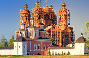 Image showing The restoration of the destroyed temple in the monastery.