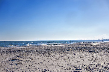 Image showing Baltic Sea during sunrise with Beach-Volleyball field 