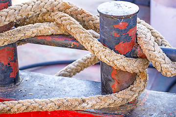 Image showing Cleat with mooring line of a trawler