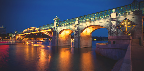 Image showing night landscape with covered bridge