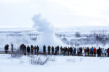 Image showing Visitors at the geyser erruption of Strokkur, Iceland