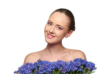 Image showing Beautiful girl with pink peony flowers