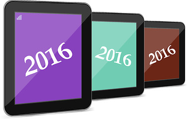 Image showing set of tablet pc or smart phone icon isolated on white with a 2016 sign