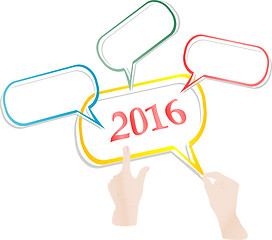 Image showing hand with abstract speech bubbles set on white Christmas background, 2016 new year concept