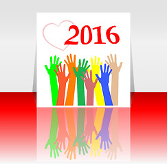 Image showing 2016 and people hands set symbol. The inscription 2016 in oriental style on abstract background