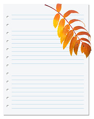 Image showing Notebook paper with autumn leaf of rowan