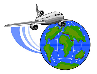 Image showing Jet plane flying up with globe