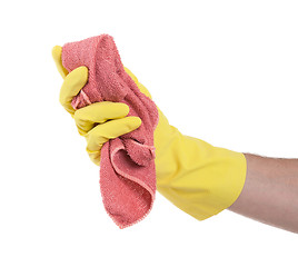 Image showing Hand wearing rubber glove and hold rag(mop)