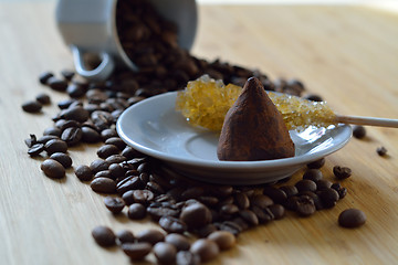 Image showing Chocolate truffle, sugar and coffee beans