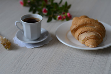 Image showing coffee, sugar and a croixant 