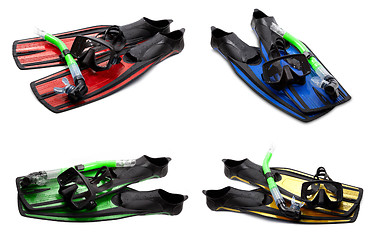 Image showing Set of multicolor swim fins, mask and snorkel for diving