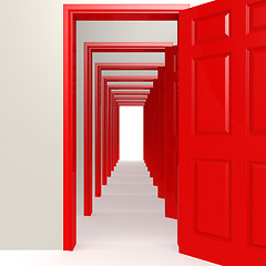 Image showing Multiple red doors in a row