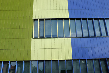 Image showing Wall of modern building blue and green color, horizontal photo