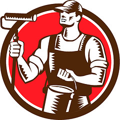 Image showing House Painter Holding Paint Roller Circle Woodcut