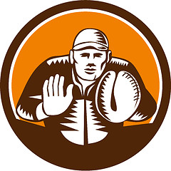 Image showing Baseball Catcher Gloves Circle Woodcut