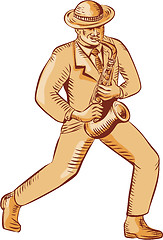 Image showing Jazz Player Playing Saxophone Etching