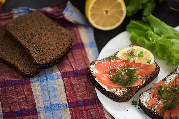 Image showing Sandwich with salmon for breakfast