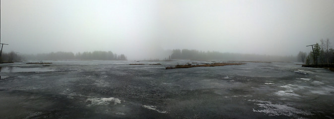 Image showing forest lake in the spring in the fog