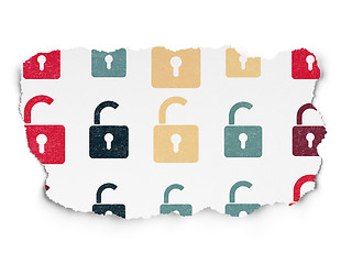 Image showing Data concept: Opened Padlock icons on Torn Paper background