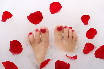 Image showing Feet and red rose petals