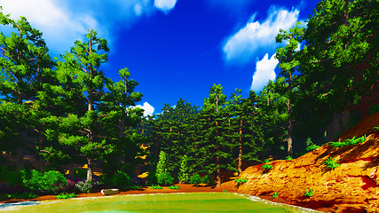 Image showing Forested shore over ocean