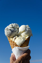 Image showing Ice cream cone at blue sky