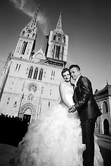 Image showing Married couple in front of Cathedral black and white