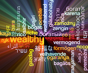 Image showing Wealthy multilanguage wordcloud background concept glowing