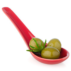 Image showing Olives on ceramic spoon