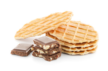 Image showing Pile of sweet waffles and chocolate parts