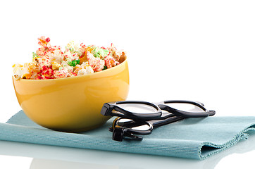 Image showing Bowl of popcorn and 3D movie glasses