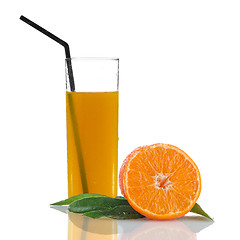 Image showing Orange juice with sliced fruit on its side