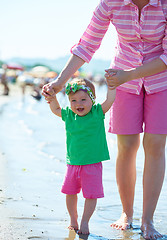 Image showing mom and baby on beach  have fun