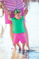 Image showing mom and baby on beach  have fun