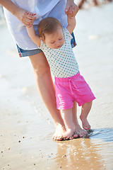 Image showing mom and baby on beach  have fun