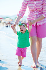 Image showing mom and baby on beach  have fun