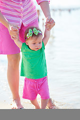 Image showing mom and baby on beach  have fun