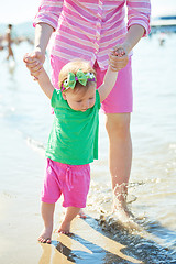 Image showing mom and baby on beach  have fun