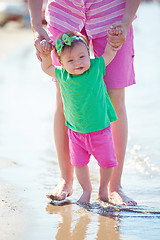 Image showing mom and baby on beach  have fun