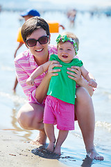 Image showing mom and baby on beach  have fun