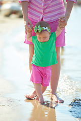 Image showing mom and baby on beach  have fun