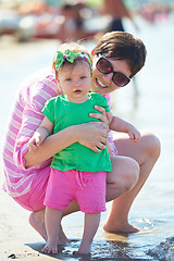 Image showing mom and baby on beach  have fun