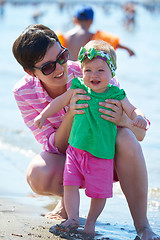 Image showing mom and baby on beach  have fun