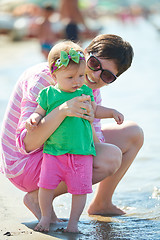 Image showing mom and baby on beach  have fun