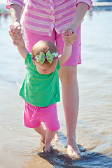 Image showing mom and baby on beach  have fun