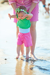 Image showing mom and baby on beach  have fun